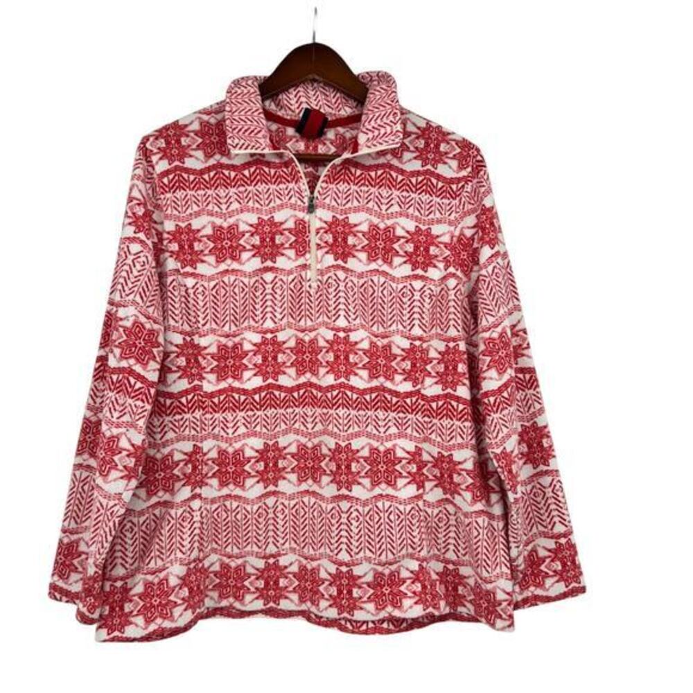 Land's End Therma Check Women's Red 1/4 Zip Snowflake Fleece Sweater Size XL